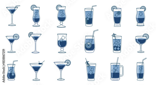 Set of eighteen stylized blue cocktail illustrations, each featuring unique glass types, ice, and garnishes, on a clean white background.