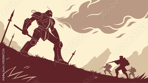 A towering armored warrior facing a small group of soldiers