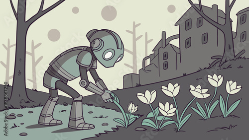 A Mechanical Gardener Tending Flowers in a PostApocalyptic Landscape
