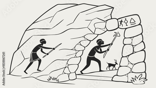 Ancient Cave Dwellers Hunting with Tools and Symbolic Carvings