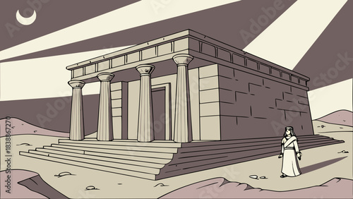 Ancient Temple with Priest and Crescent Moon in Stylized Illustration