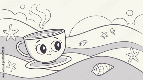 Animated Coffee Cup with Smiling Face and Seaside Elements