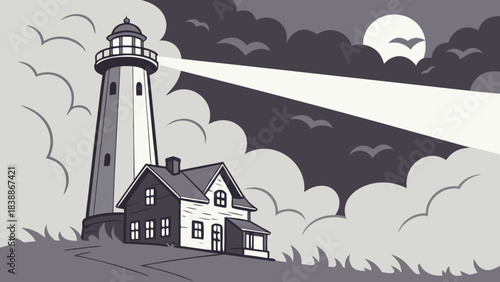 Coastal Lighthouse and House Scene with Birds and Cloudy Sky