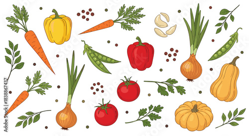 Vibrant and fresh, this colorful illustration features a variety of vegetables and spices arranged in a scattered pattern.