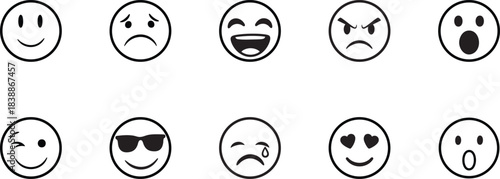 Hand-drawn emoticon set. Happy, Sad, Laughing, Angry, Surprised, Wink, Cool Sunglasses, Crying, Love, Shocked Face Emoticon