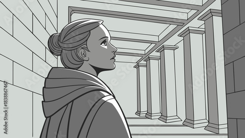 Contemplative Woman Gazing at Classical Architecture with Columns and Stone Walls