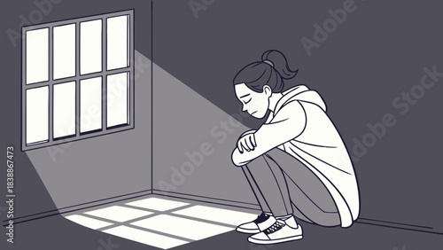Despondent girl with ponytail hugging knees in a dark shadowed room