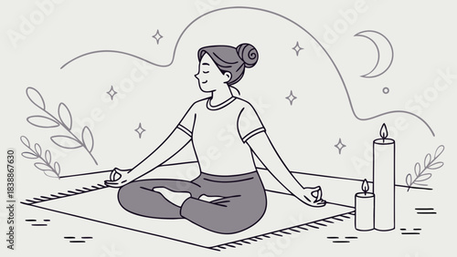 Serene Woman Meditating in Lotus Position with Candles and Celestial Elements