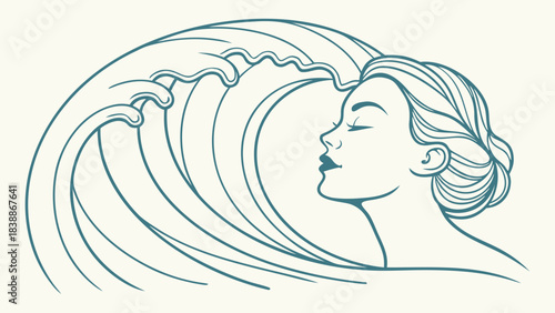 Serene Woman Merged with a Flowing Ocean Wave in Artistic Illustration