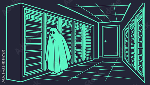 Server Room Specter A Ghostly Figure in a Data Center Outline
