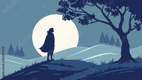 Silhouette of a cloaked figure standing on a hill under a full moon