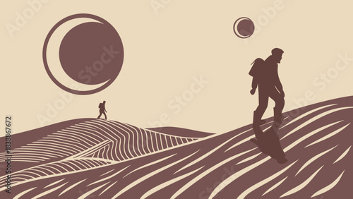 Silhouette of a Hiker Walking on a Wavy Landscape with Celestial Bodies