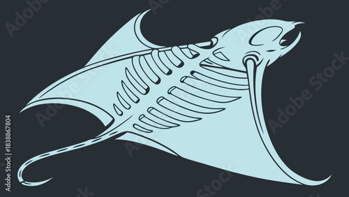 Stylized Light Blue Manta Ray Skeleton with Curled Tail and Winglike Fins
