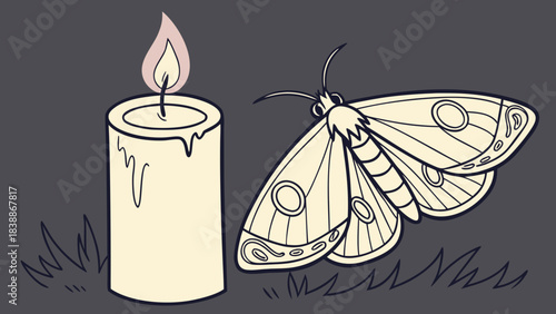Stylized Luna Moth near a Burning Candle with Dripping Wax
