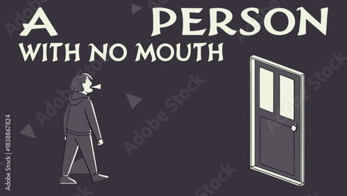 Stylized illustration of a mouthless person walking toward a closed door