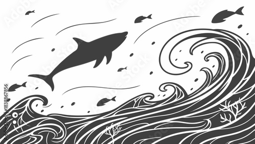 Stylized Ocean Scene with Shark Fish Waves and Underwater Plants