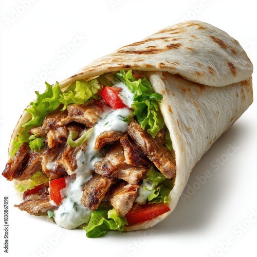 Grilled chicken wrap with lettuce tomato and sauce in soft flatbread served fresh and ready to eat on white