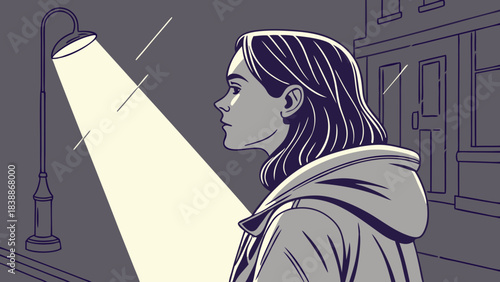 Woman in Hoodie Under Streetlight at Night Vector Illustration