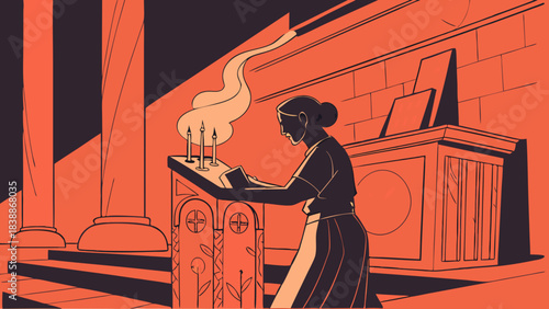 Woman reading at ornate podium with candles in a stylized interior