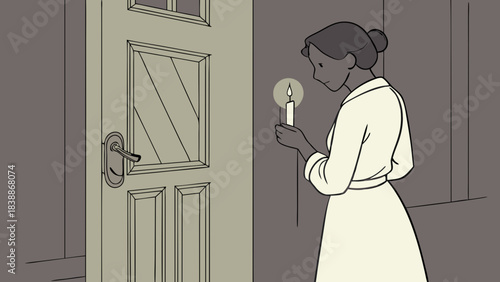 Woman with Candle Near Doorway in a Stylized VintageInspired Illustration