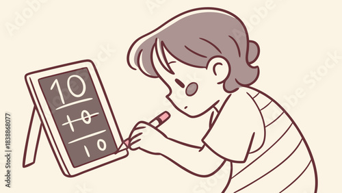 Young Student Solving Math Problem on a Small Chalkboard