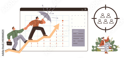 Business professionals climbing upward arrow with umbrella protection, targeted audience and teamwork concept. Ideal for growth, partnerships, leadership, strategy, resilience, goal achievement