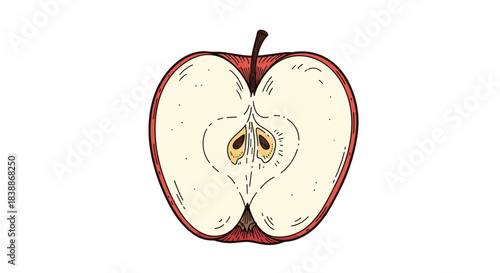 A detailed cross-section of a vibrant red apple, revealing its creamy inner flesh, distinctive core, and dark seeds, presented in a charming hand-drawn illustration style.