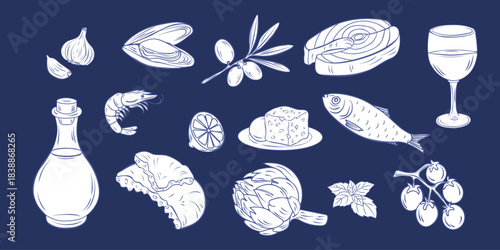 Mediterranean cuisine sketch set with seafood, herbs, olives, cheese, pittas, sardines, oil, wine on a dark background. Drawing ink. Hand-drawn food illustration perfect for menus, culinary design.