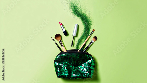 A colorful collection of green make up brushes