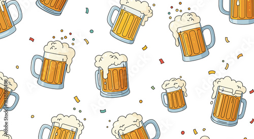 A playful seamless pattern illustration depicting various cartoon beer mugs overflowing with foam and colorful confetti on a bright white background.