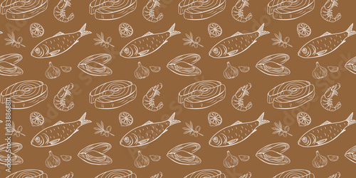 Eco Mediterranean seafood pattern on kraft paper background featuring fish, sardine, shrimp, mussel, olive, garlic and lemon. Natural recycled look ideal for packaging, branding, eco-friendly design.