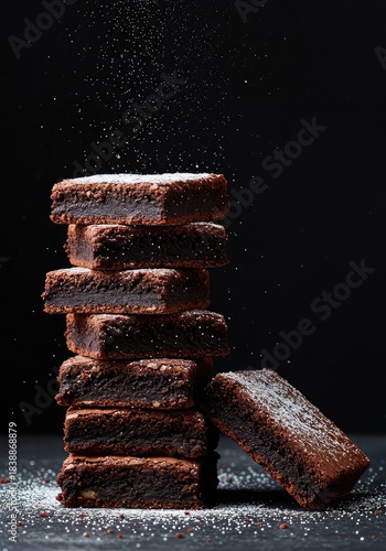 Delicious stack of homemade fudgy brownies dusted lightly with powdered sugar, emphasizing the dense chocolate texture and sweet richness ,sweet ,stack ,baked