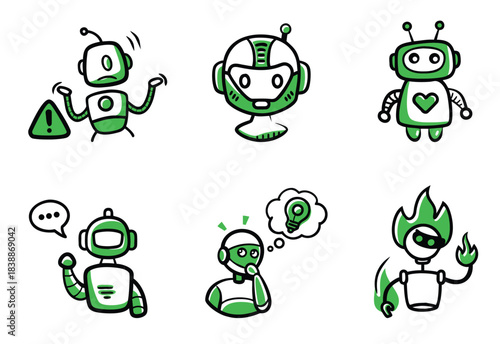 Set of six cute green and white doodle style robots icons showing different emotions and actions, isolated on transparent background
