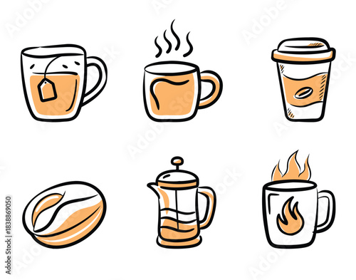 Set of six handdrawn coffee and tea icons including a teacup, steaming mug, togo cup, coffee bean, french press, and mug with flames, isolated on transparent background