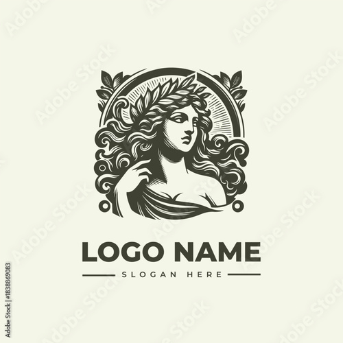 Ancient Goddess Logo Vector Illustration Engraving Style Art