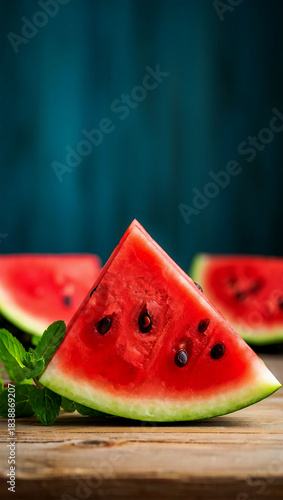 Fresh slices of ripe watermelon with green leaves on wooden table