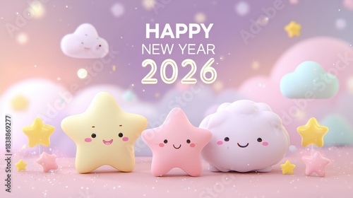 Wallpaper Mural Cute 3D kawaii stars and cloud in a dreamy pastel scene with Happy New Year 2026 glowing text. Torontodigital.ca