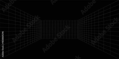 Empty futuristic digital box room grey-black background with white grid space line color surface. Network cyber technology. banner, cover, terrain, sci-fi, wireframe, and related to background.