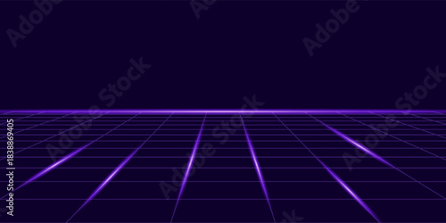 Synthwave wireframe net illustration. Abstract digital background. 80s, 90s Retro futurism, Retro wave cyber grid. Top and bottom surfaces. Neon lights glowing. Starry background. 3D Rendering