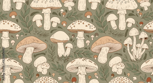 Seamless pattern with hand-drawn vintage botanical illustrations of various mushrooms, toadstools, and forest foliage on an earthy green background.