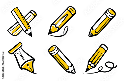 Set of six yellow pencils and drawing tools icons, isolated on transparent background