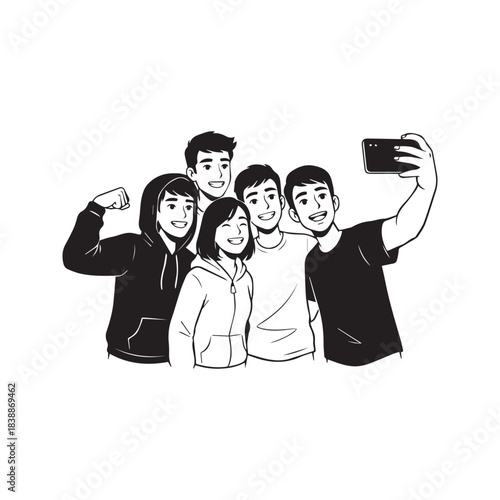 Vector line drawing of group of friends taking a selfie. Minimalist illustration of happy teenagers posing with smartphone.
