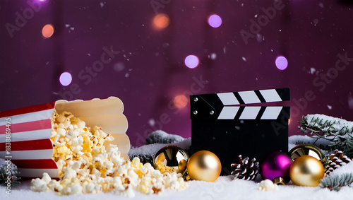 Christmas movie night with popcorn and festive decorations