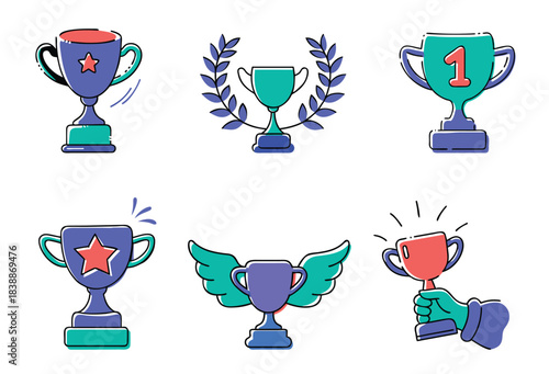 Collection of six unique trophy and award icons with laurel wreath, star, and number 1, isolated on transparent background