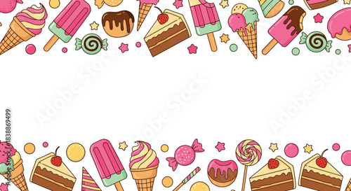 Playful border of colorful sweet treats, including ice cream cones, popsicles, cake slices, and candies, on a white background with copy space.