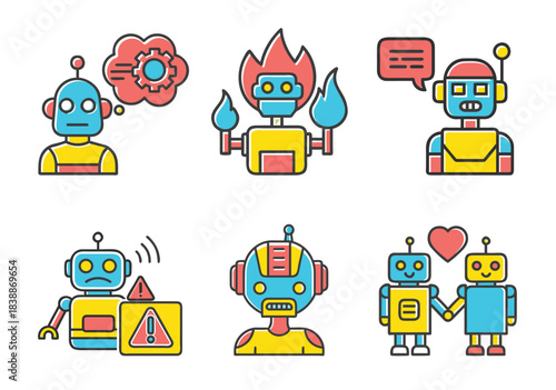 Set of six cute robot icons with different emotions and functions, isolated on transparent background