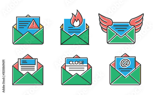 Set of six email icons warning, burning, flying, standard, close, and at symbol messages, isolated on transparent background