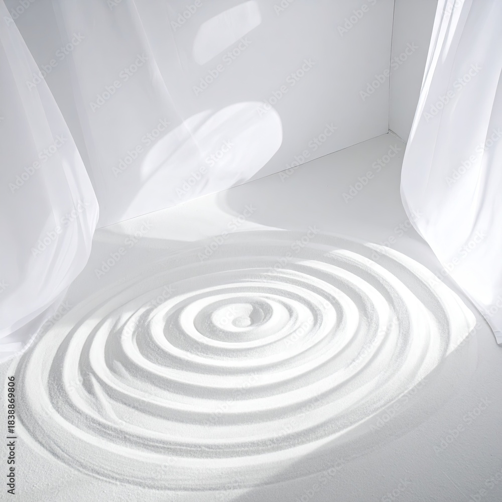 Obraz premium White sand zen garden, circular ripples. Soft light streams through sheer curtains