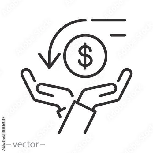cashback icon, return money, cash back rebate, thin line web symbol on white background, editable stroke vector illustration
