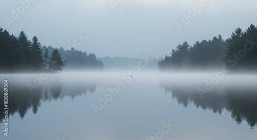 A calm, reflective expanse of water surrounded by misty silence, illustrating tranquil solitude and deep contemplation in nature ,abstract ,vast ,moody